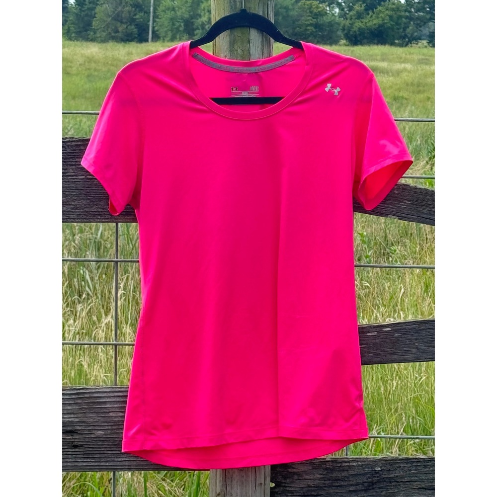 Under Armour HeatGear Womens Fitted Short Sleeve Shirt Pink Large Athletic Top